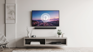 Salón moderno con televisor y barra de sonido montados en soporte de pared, mostrando un espacio limpio y optimizado, con cables ocultos.