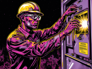 cualificado de CBS Eléctrica (mono o uniforme limpio, casco, gafas de seguridad) realizando una revisión en un cuadro eléctrico moderno y bien organizado