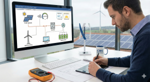 ngeniero especialista de CBS Eléctrica diseñando un mapa eléctrico y fotovoltaico en ordenador, planificando la integración de energía eólica y solar con herramientas de medición y planos técnicos