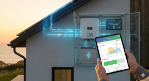 ngeniero de CBS Eléctrica en oficina diseñando el mapa eléctrico y fotovoltaico en un ordenador, planificando la conexión técnica entre la turbina eólica y el campo solar mediante software de simulación.

