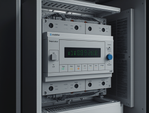 Detalle técnico de un cuadro eléctrico digital de última generación con módulos inteligentes y pantalla OLED de monitorización de consumo en tiempo real.