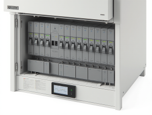 Detalle técnico de un cuadro eléctrico digital de última generación con módulos inteligentes y pantalla OLED de monitorización de consumo en tiempo real.